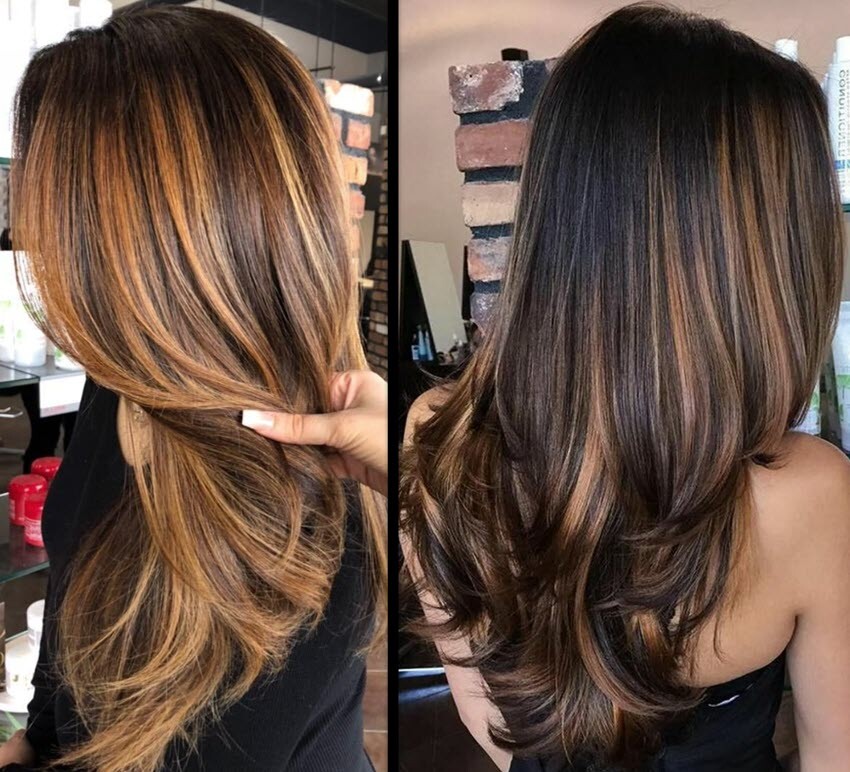 Dunkelbraune Haare mit Karamell Highlights | Die beste Inspirationsquelle Frisuren Frisuren Damen Haarfarben 